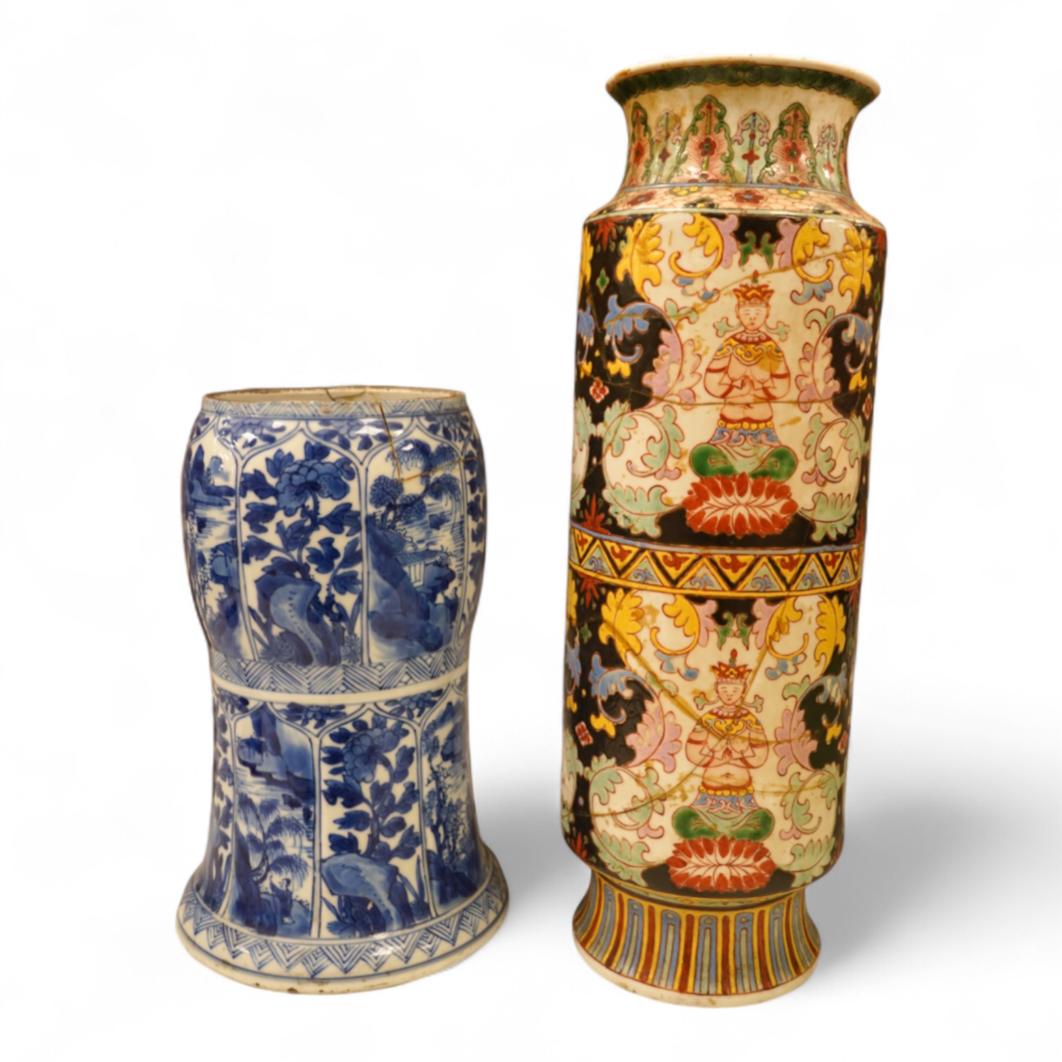 A Chinese Kangxi blue and white vase (cut down gu vase), 26cm high and a Chinese Bencharong famille rose vase